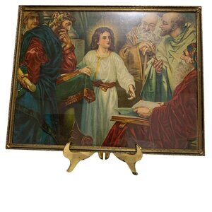 VTG Religious Framed Litho Jesus Teaching In The Temple Gold-Tone Frame 10" x 8"